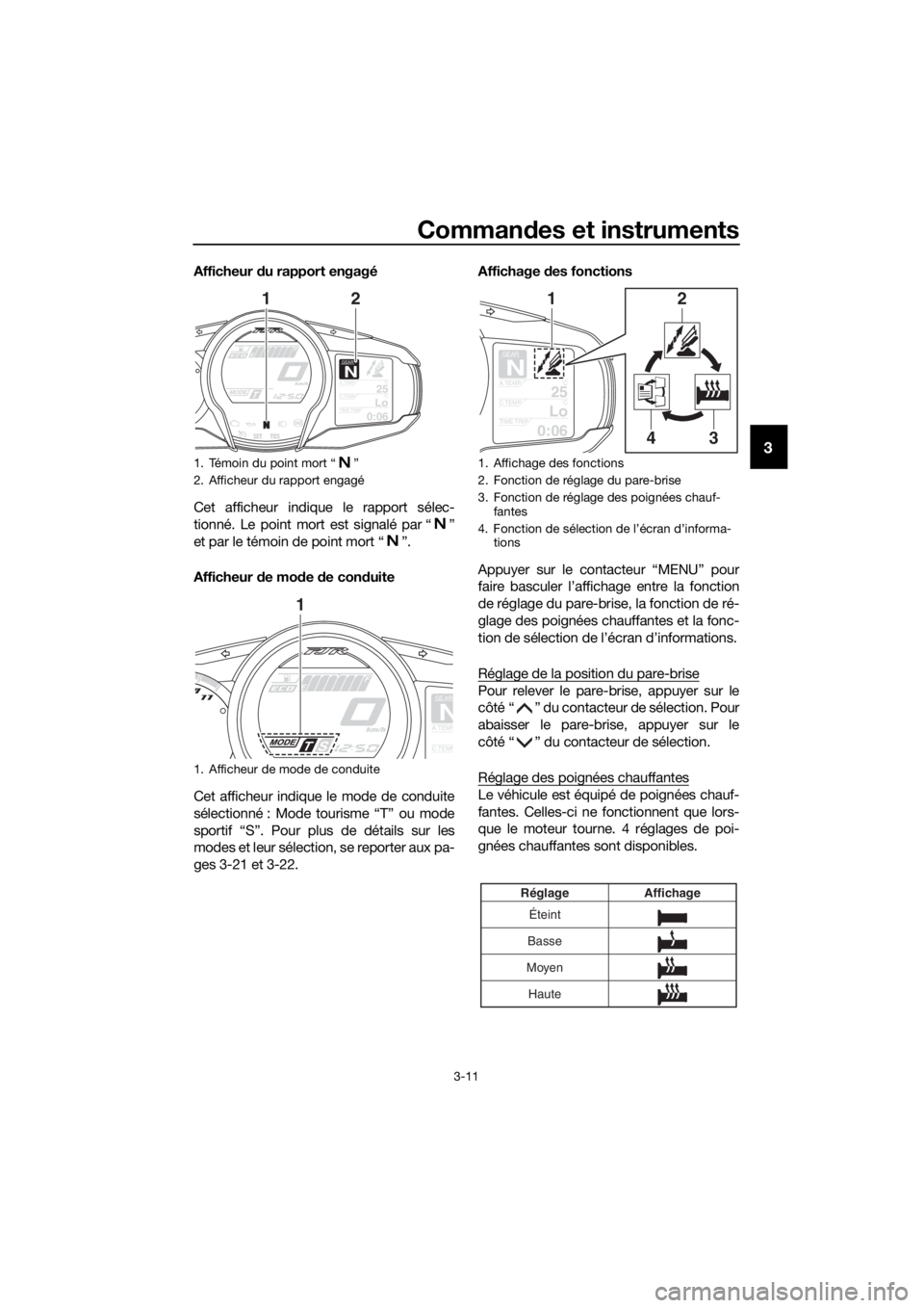 YAMAHA FJR1300A 2018 Notices Demploi (in French) Commandes et instruments
3-11
3
Afficheur du rapport engagé
Cet afficheur indique le rapport sélec-
tionné. Le point mort est signalé par “ ”
et par le témoin de point mort “ ”.
Afficheu YAMAHA FJR1300A 2018 Notices Demploi (in French) Commandes et instruments
3-11
3
Afficheur du rapport engagé
Cet afficheur indique le rapport sélec-
tionné. Le point mort est signalé par “ ”
et par le témoin de point mort “ ”.
Afficheu
