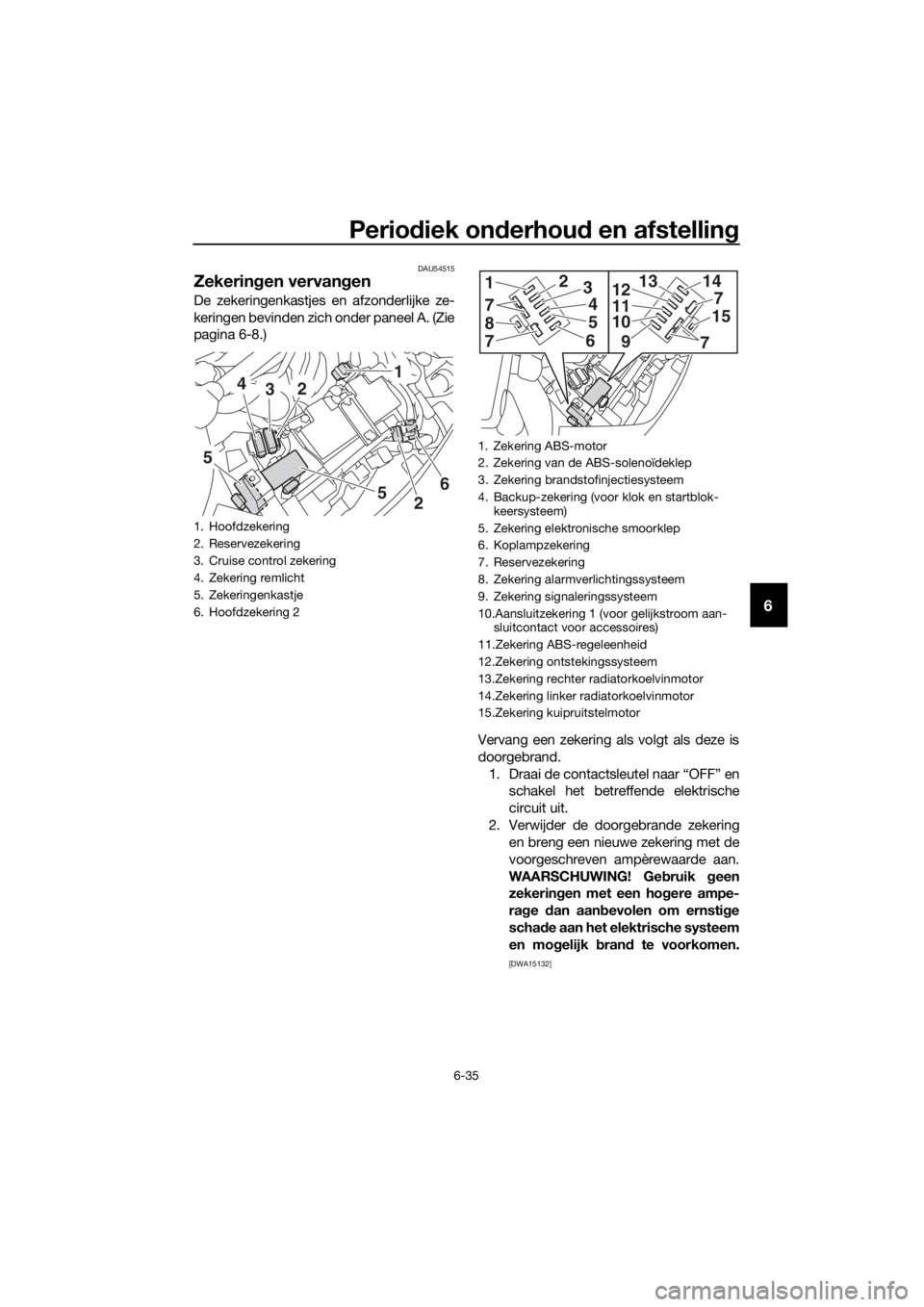 YAMAHA FJR1300A 2018  Instructieboekje (in Dutch) Periodiek on derhou d en afstellin g
6-35
6
DAU54515
Zekeringen vervan gen
De zekeringenkastjes en afzonderlijke ze-
keringen bevinden zich onder paneel A. (Zie
pagina 6-8.)
Vervang een zekering als v
