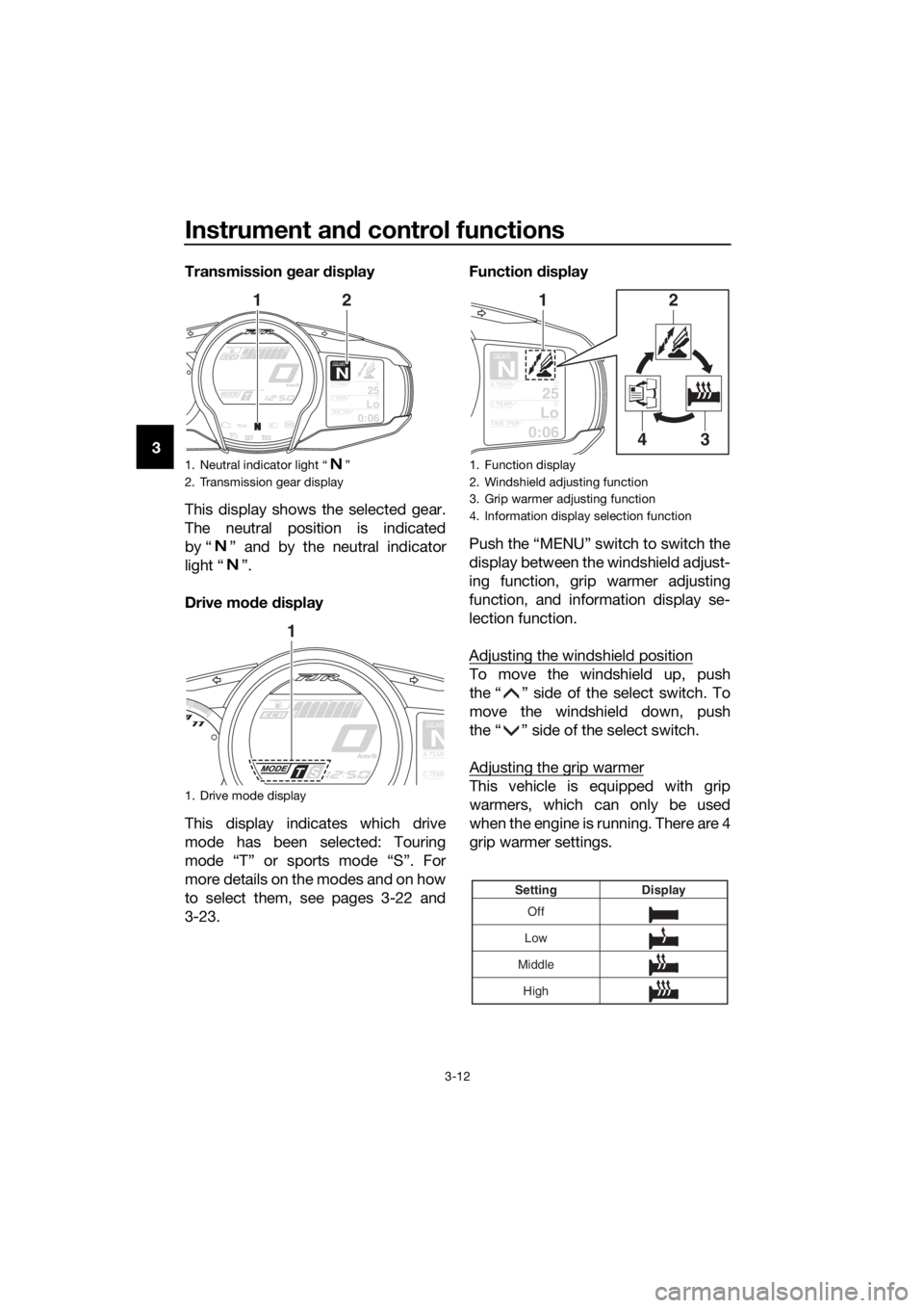 YAMAHA FJR1300A 2016  Owners Manual Instrument and control functions
3-12
3 Transmission 
gear  display
This display shows the selected gear.
The neutral position is indicated
by “ ” and by the neutral indicator
light “ ”.
Drive