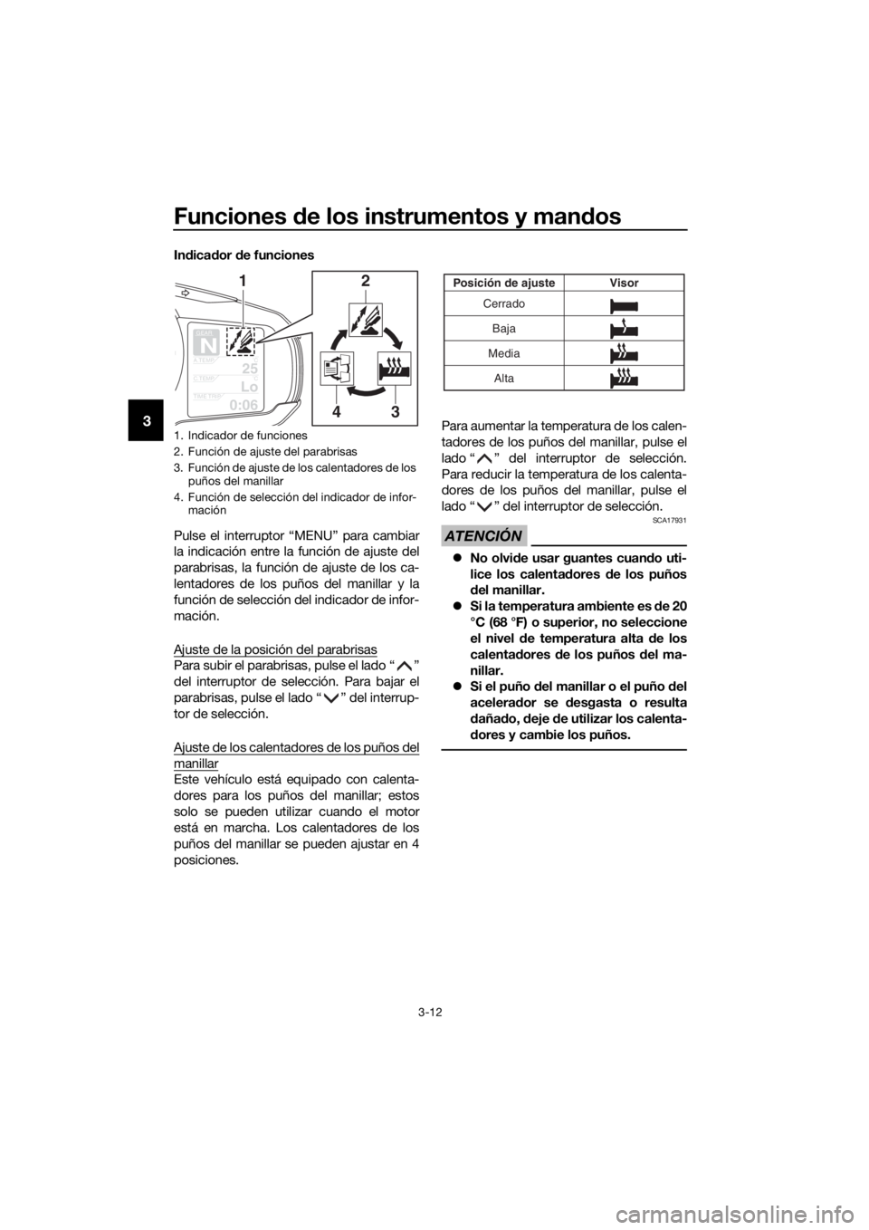YAMAHA FJR1300A 2016  Manuale de Empleo (in Spanish) Funciones de los instrumentos y man dos
3-12
3
In dica dor  de funciones
Pulse el interruptor “MENU” para cambiar
la indicación entre la función de ajuste del
parabrisas, la función de ajuste d