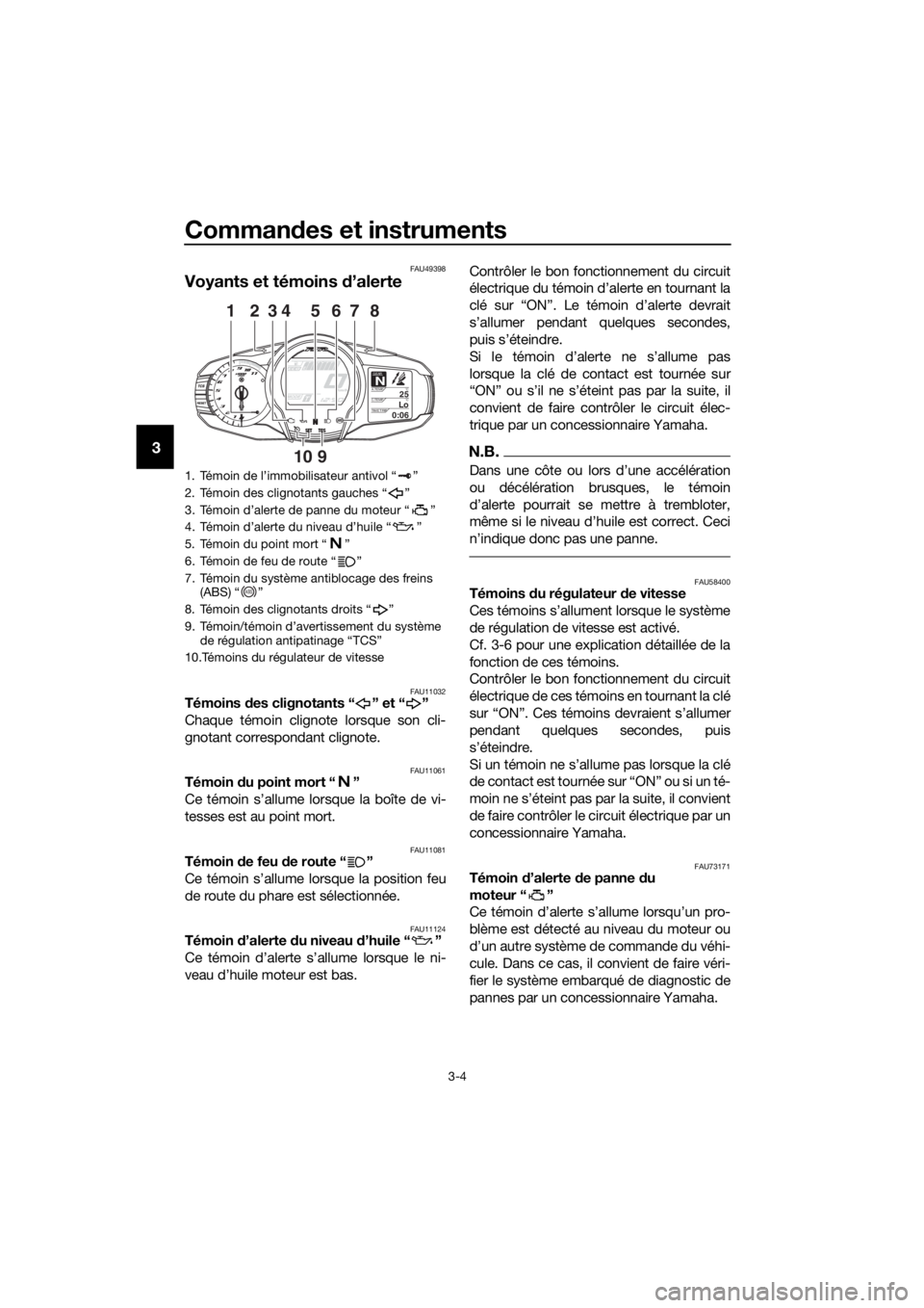 YAMAHA FJR1300A 2016 Notices Demploi (in French) Commandes et instruments
3-4
3
FAU49398
Voyants et témoins d’alerte
FAU11032Témoins des clignotants “ ” et “ ”
Chaque témoin clignote lorsque son cli-
gnotant correspondant clignote.
FA YAMAHA FJR1300A 2016 Notices Demploi (in French) Commandes et instruments
3-4
3
FAU49398
Voyants et témoins d’alerte
FAU11032Témoins des clignotants “ ” et “ ”
Chaque témoin clignote lorsque son cli-
gnotant correspondant clignote.
FA