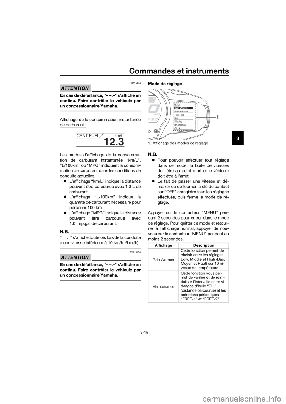 YAMAHA FJR1300A 2016 Notices Demploi (in French) Commandes et instruments
3-15
3
ATTENTION
FCA15474
En cas d e défaillance, “– –.–” s’affiche en
continu. Faire contrôler le véhicule par
un concessionnaire Yamaha.
Affichage de la conso YAMAHA FJR1300A 2016 Notices Demploi (in French) Commandes et instruments
3-15
3
ATTENTION
FCA15474
En cas d e défaillance, “– –.–” s’affiche en
continu. Faire contrôler le véhicule par
un concessionnaire Yamaha.
Affichage de la conso