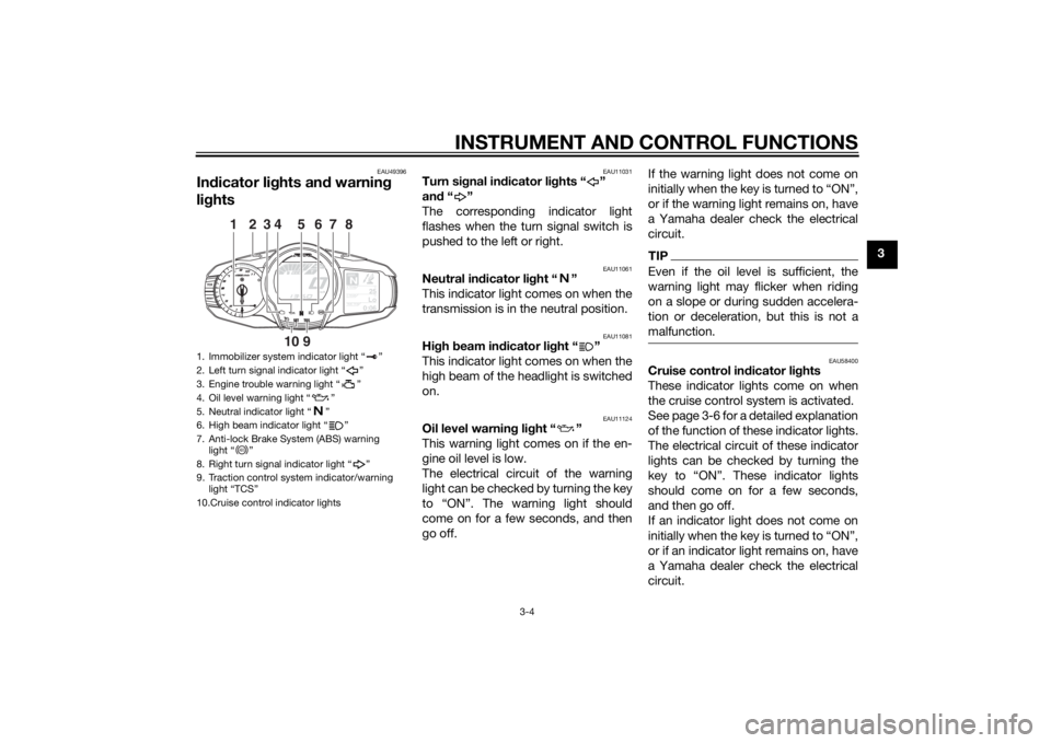 YAMAHA FJR1300A 2015 User Guide INSTRUMENT AND CONTROL FUNCTIONS
3-4
3
EAU49396
Indicator lig hts and warning  
lig hts
EAU11031
Turn si gnal in dicator li ghts “ ” 
an d“”
The corresponding indicator light
flashes when the 