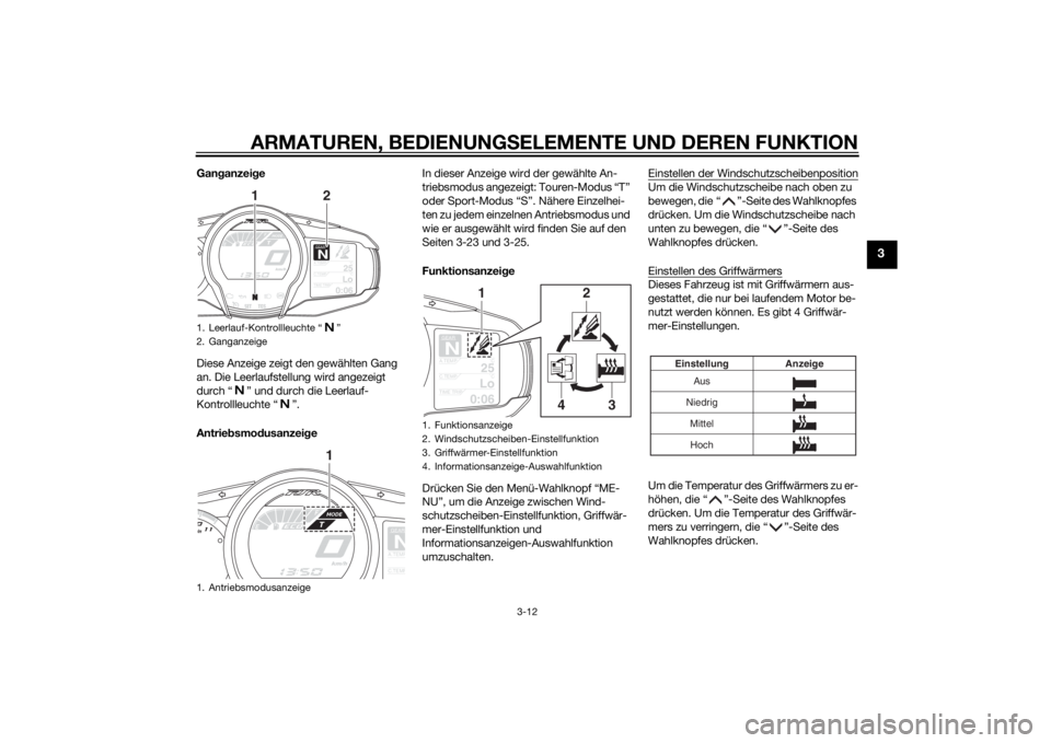 YAMAHA FJR1300A 2015 Betriebsanleitungen (in German) ARMATUREN, BEDIENUNGSELEMENTE UND DEREN FUNKTION
3-12
3
Gan ganzei ge
Diese Anzeige zeigt den gewählten Gang
an. Die Leerlaufstellung wird angezeigt
durch “ ” und durch die Leerlauf-
Kontrollle YAMAHA FJR1300A 2015 Betriebsanleitungen (in German) ARMATUREN, BEDIENUNGSELEMENTE UND DEREN FUNKTION
3-12
3
Gan ganzei ge
Diese Anzeige zeigt den gewählten Gang
an. Die Leerlaufstellung wird angezeigt
durch “ ” und durch die Leerlauf-
Kontrollle