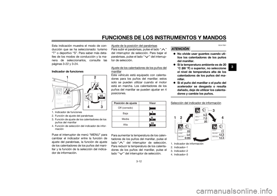 YAMAHA FJR1300A 2015  Manuale de Empleo (in Spanish) FUNCIONES DE LOS INSTRUMENTOS Y MANDOS
3-12
3
Esta indicación muestra el modo de con-
ducción que se ha seleccionado: turismo
“T” o deportivo “S”. Para saber más deta-
lles de los modos de 