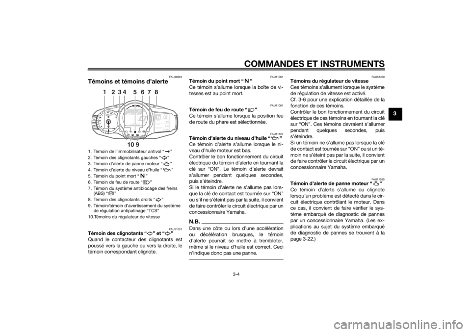 YAMAHA FJR1300A 2014  Notices Demploi (in French) COMMANDES ET INSTRUMENTS
3-4
3
FAU49394
Témoins et témoins d’alerte
FAU11031
Témoin  des clignotants “ ” et “ ”
Quand le contacteur des clignotants est
poussé vers la gauche ou vers la d