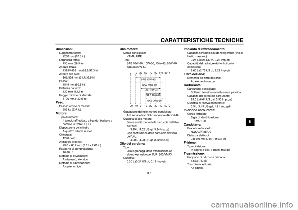 YAMAHA FJR1300A 2014  Manuale duso (in Italian) CARATTERISTICHE TECNICHE
8-1
8
Dimensioni:Lunghezza totale:2230 mm (87.8 in)
Larghezza totale:
750 mm (29.5 in)
Altezza totale: 1325/1455 mm (52.2/57.3 in)
Altezza alla sella: 805/825 mm (31.7/32.5 in