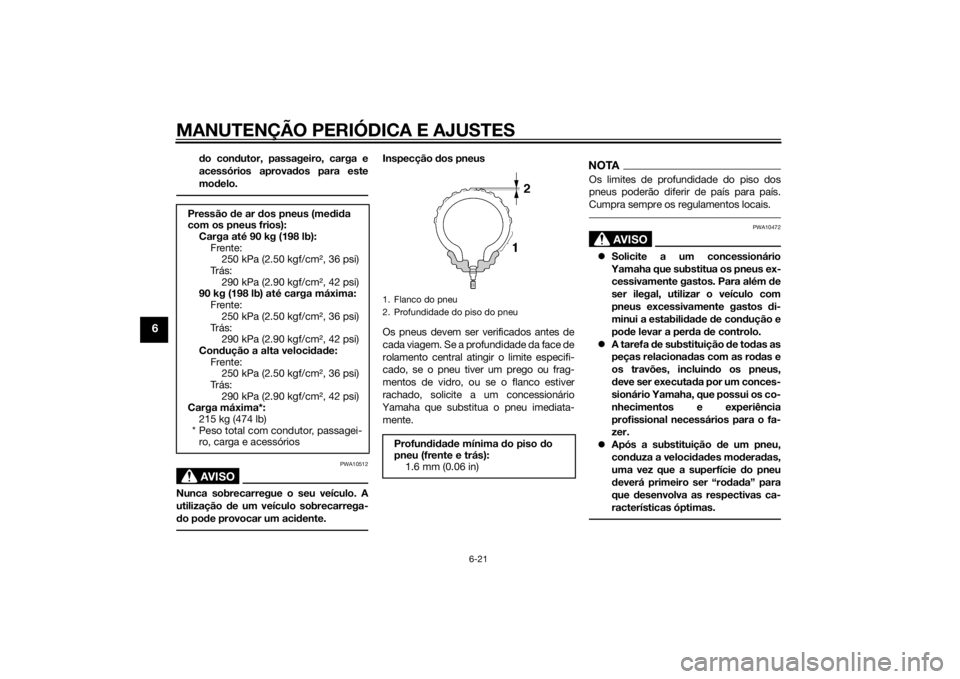 YAMAHA FJR1300A 2014  Manual de utilização (in Portuguese) MANUTENÇÃO PERIÓDICA E AJUSTES
6-21
6
do con dutor, passageiro, carga e
acessórios aprova dos para este
mo delo.AVISO
PWA10512
Nunca sobrecarregue o seu veículo. A
utilização  de um veículo so
