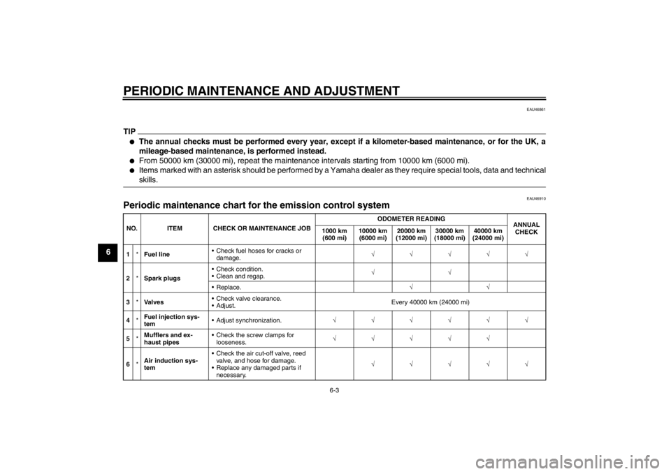 YAMAHA FJR1300A 2013 Repair Manual PERIODIC MAINTENANCE AND ADJUSTMENT
6-3
6
EAU46861
TIP●
The annual checks must be performed every year, except if a kilometer-based maintenance, or for the UK, a
mileage-based maintenance, is perfor YAMAHA FJR1300A 2013 Repair Manual PERIODIC MAINTENANCE AND ADJUSTMENT
6-3
6
EAU46861
TIP●
The annual checks must be performed every year, except if a kilometer-based maintenance, or for the UK, a
mileage-based maintenance, is perfor