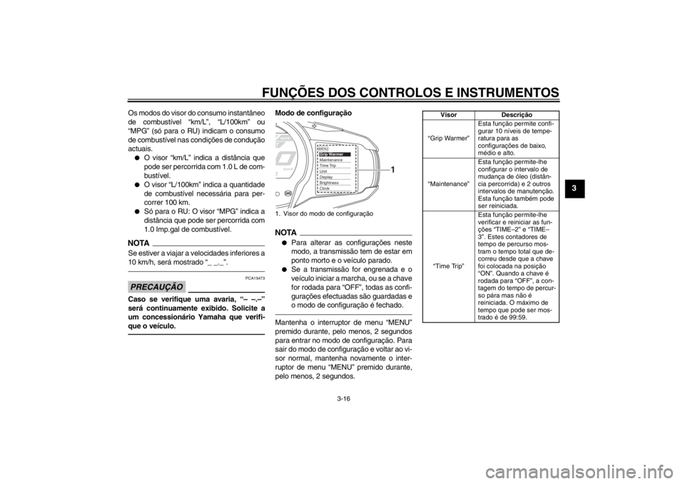 YAMAHA FJR1300A 2013  Manual de utilização (in Portuguese) FUNÇÕES DOS CONTROLOS E INSTRUMENTOS
3-16
3
Os modos do visor do consumo instantâneo
de combustível “km/L”, “L/100km” ou
“MPG” (só para o RU) indicam o consumo
de combustível nas con