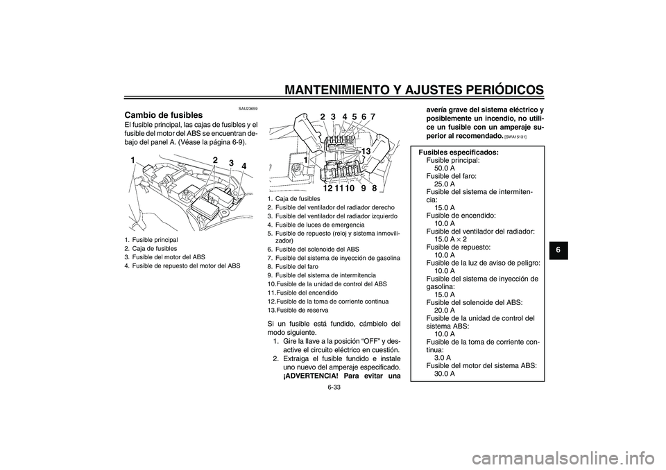 YAMAHA FJR1300A 2011  Manuale de Empleo (in Spanish) MANTENIMIENTO Y AJUSTES PERIÓDICOS
6-33
6
SAU23659
Cambio de fusibles El fusible principal, las cajas de fusibles y el
fusible del motor del ABS se encuentran de-
bajo del panel A. (Véase la página