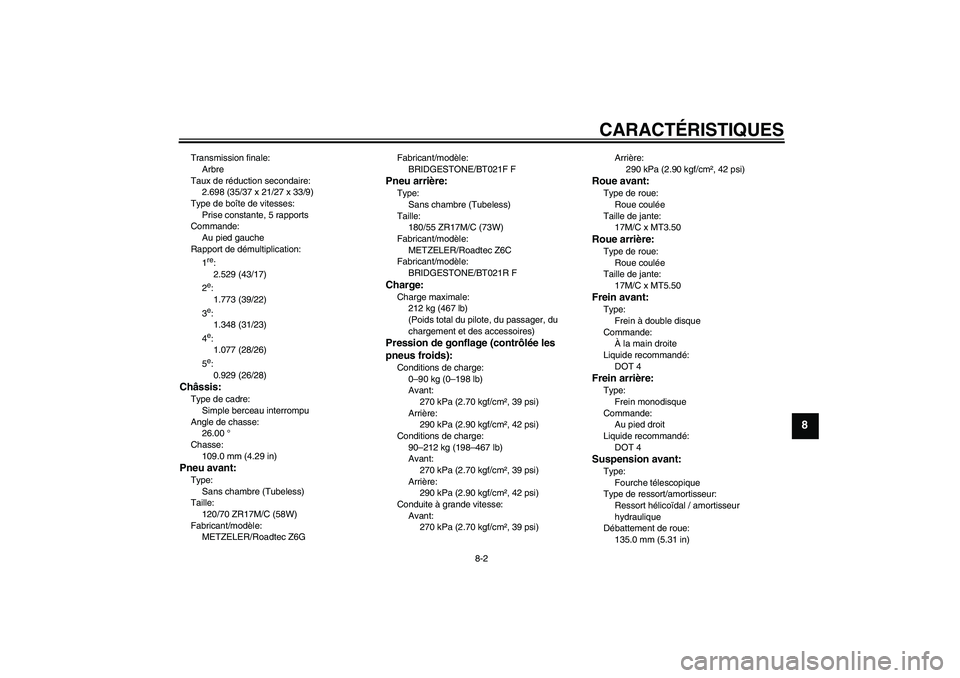 YAMAHA FJR1300A 2011 Notices Demploi (in French) CARACTÉRISTIQUES
8-2
8
Transmission finale:
Arbre
Taux de réduction secondaire:
2.698 (35/37 x 21/27 x 33/9)
Type de boîte de vitesses:
Prise constante, 5 rapports
Commande:
Au pied gauche
Rapport YAMAHA FJR1300A 2011 Notices Demploi (in French) CARACTÉRISTIQUES
8-2
8
Transmission finale:
Arbre
Taux de réduction secondaire:
2.698 (35/37 x 21/27 x 33/9)
Type de boîte de vitesses:
Prise constante, 5 rapports
Commande:
Au pied gauche
Rapport