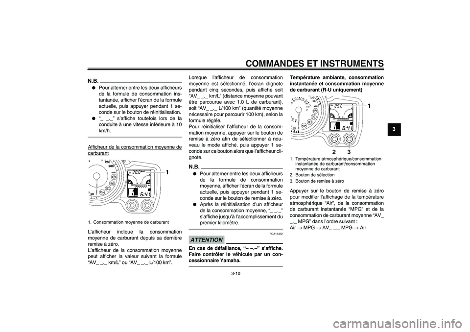 YAMAHA FJR1300A 2011  Notices Demploi (in French) COMMANDES ET INSTRUMENTS
3-10
3
N.B.
Pour alterner entre les deux afficheurs
de la formule de consommation ins-
tantanée, afficher l’écran de la formule
actuelle, puis appuyer pendant 1 se-
conde