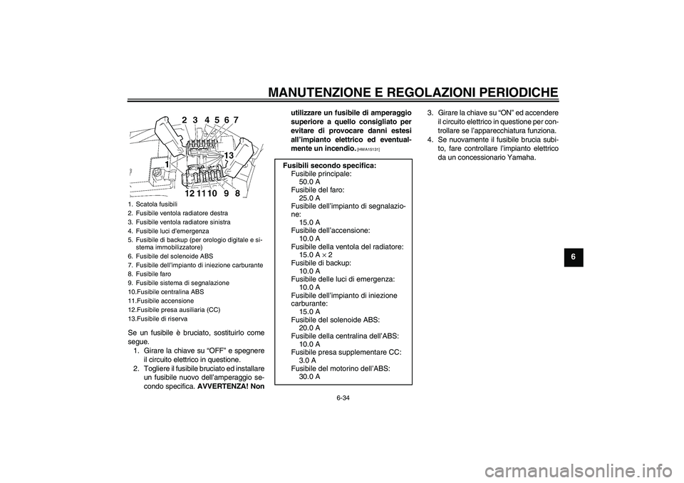 YAMAHA FJR1300A 2011 Manuale duso (in Italian) MANUTENZIONE E REGOLAZIONI PERIODICHE
6-34
6
Se un fusibile è bruciato, sostituirlo come
segue.
1. Girare la chiave su “OFF” e spegnere
il circuito elettrico in questione.
2. Togliere il fusibile YAMAHA FJR1300A 2011 Manuale duso (in Italian) MANUTENZIONE E REGOLAZIONI PERIODICHE
6-34
6
Se un fusibile è bruciato, sostituirlo come
segue.
1. Girare la chiave su “OFF” e spegnere
il circuito elettrico in questione.
2. Togliere il fusibile