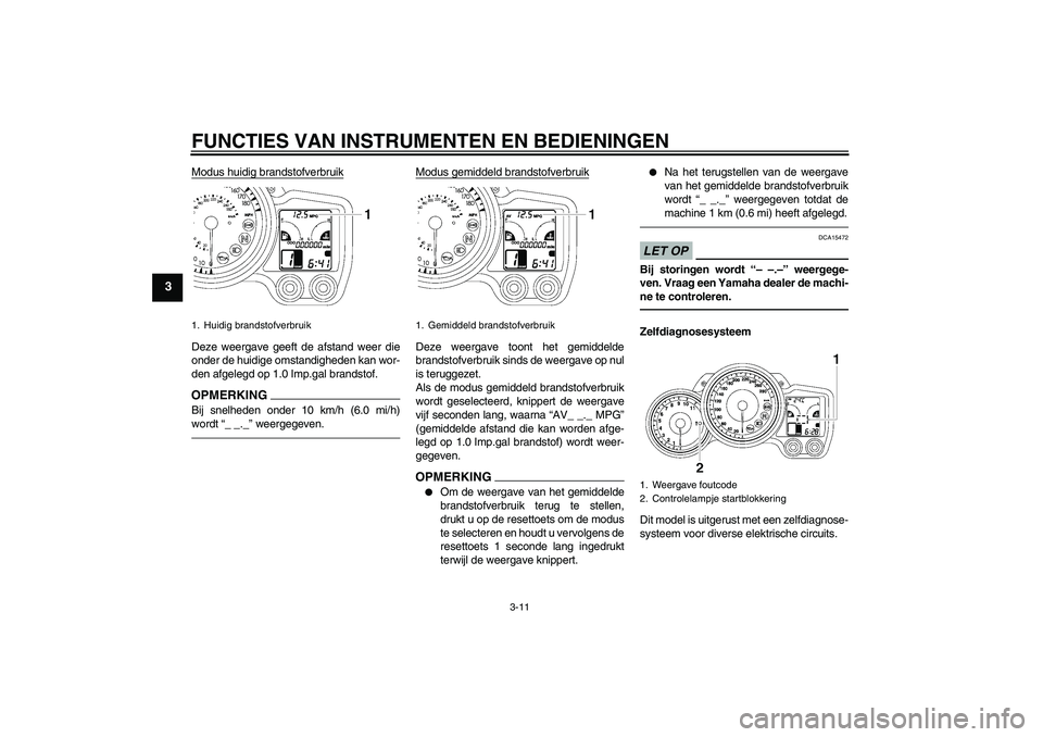 YAMAHA FJR1300A 2011  Instructieboekje (in Dutch) FUNCTIES VAN INSTRUMENTEN EN BEDIENINGEN
3-11
3
Modus huidig brandstofverbruikDeze weergave geeft de afstand weer die
onder de huidige omstandigheden kan wor-
den afgelegd op 1.0 Imp.gal brandstof.OPM