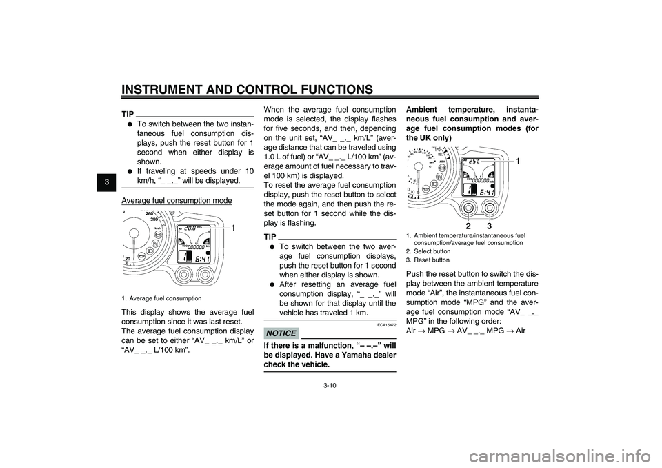 YAMAHA FJR1300A 2010 Owners Manual INSTRUMENT AND CONTROL FUNCTIONS
3-10
3
TIP
To switch between the two instan-
taneous fuel consumption dis-
plays, push the reset button for 1
second when either display is
shown.

If traveling at s