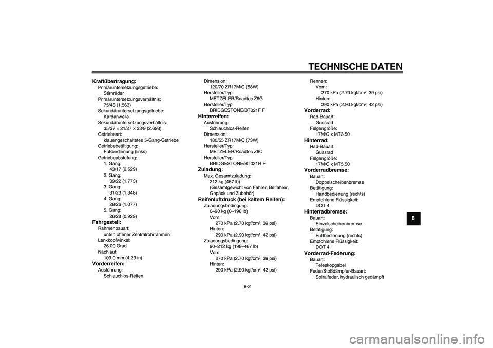 YAMAHA FJR1300A 2010  Betriebsanleitungen (in German) TECHNISCHE DATEN
8-2
8
Kraftübertragung:Primäruntersetzungsgetriebe:
Stirnräder
Primäruntersetzungsverhältnis:
75/48 (1.563)
Sekundäruntersetzungsgetriebe:
Kardanwelle
Sekundäruntersetzungsverh