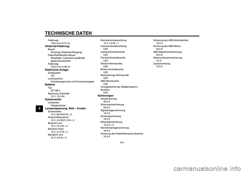 YAMAHA FJR1300A 2010  Betriebsanleitungen (in German) TECHNISCHE DATEN
8-3
8
Federweg:
135.0 mm (5.31 in)Hinterrad-Federung:Bauart:
Schwinge (Gelenkaufhängung)
Feder/Stoßdämpfer-Bauart:
Spiralfeder, hydraulisch gedämpft, 
gasdruckunterstützt
Federwe