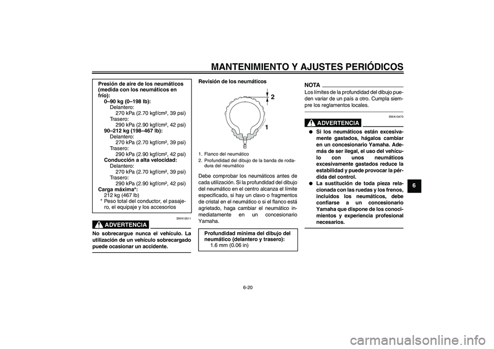 YAMAHA FJR1300A 2010  Manuale de Empleo (in Spanish) MANTENIMIENTO Y AJUSTES PERIÓDICOS
6-20
6
ADVERTENCIA
SWA10511
No sobrecargue nunca el vehículo. La
utilización de un vehículo sobrecargado
puede ocasionar un accidente.
Revisión de los neumátic