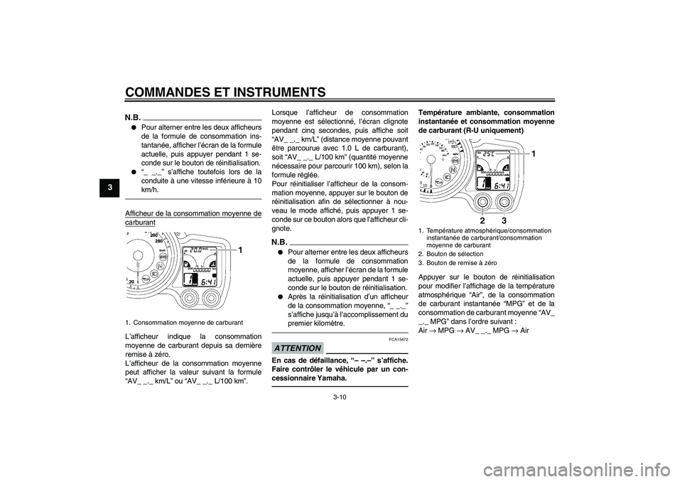 YAMAHA FJR1300A 2010  Notices Demploi (in French) COMMANDES ET INSTRUMENTS
3-10
3
N.B.
Pour alterner entre les deux afficheurs
de la formule de consommation ins-
tantanée, afficher l’écran de la formule
actuelle, puis appuyer pendant 1 se-
conde