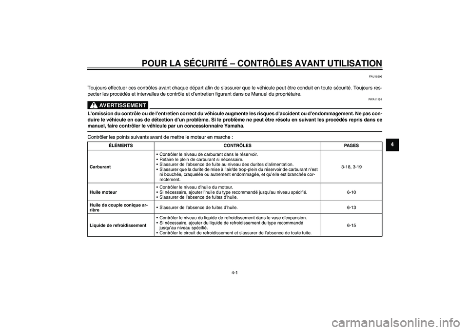 YAMAHA FJR1300A 2010  Notices Demploi (in French) POUR LA SÉCURITÉ – CONTRÔLES AVANT UTILISATION
4-1
4
FAU15596
Toujours effectuer ces contrôles avant chaque départ afin de s’assurer que le véhicule peut être conduit en toute sécurité. T