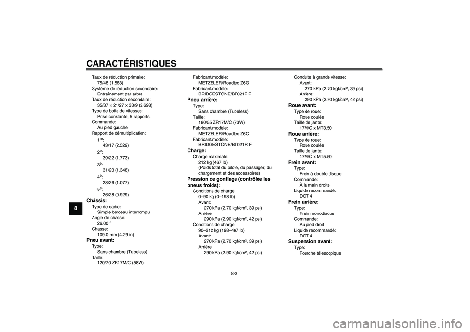 YAMAHA FJR1300A 2010  Notices Demploi (in French) CARACTÉRISTIQUES
8-2
8
Taux de réduction primaire:
75/48 (1.563)
Système de réduction secondaire:
Entraînement par arbre
Taux de réduction secondaire:
35/37 × 21/27 × 33/9 (2.698)
Type de boî