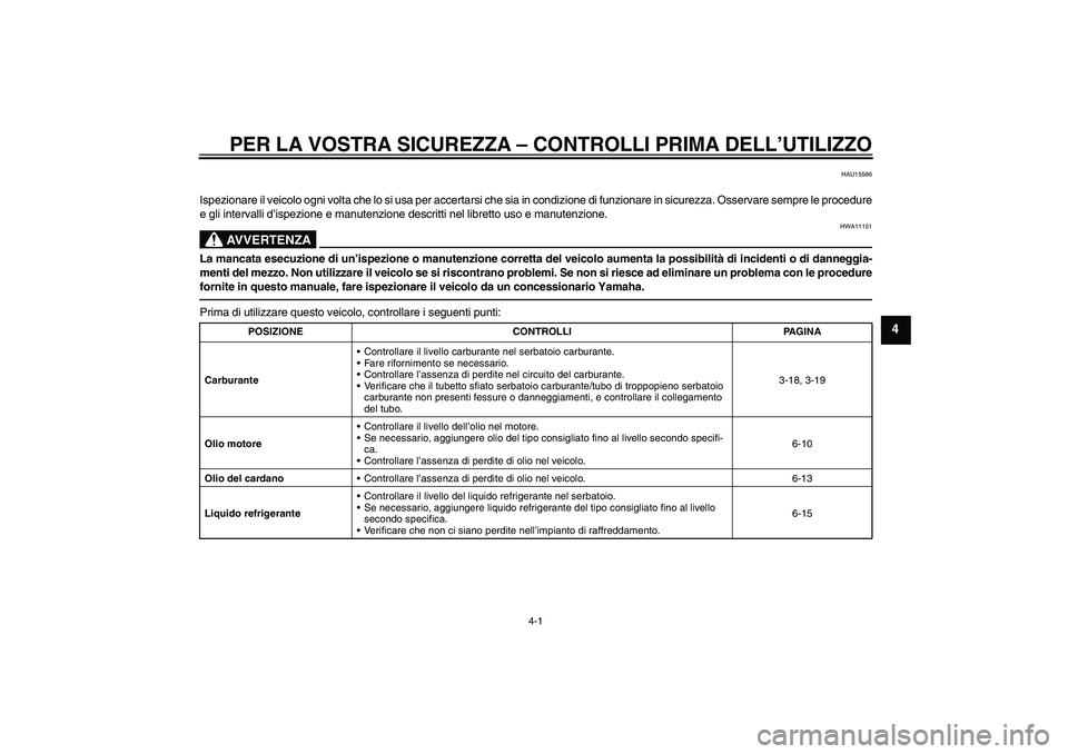 YAMAHA FJR1300A 2010  Manuale duso (in Italian) PER LA VOSTRA SICUREZZA – CONTROLLI PRIMA DELL’UTILIZZO
4-1
4
HAU15596
Ispezionare il veicolo ogni volta che lo si usa per accertarsi che sia in condizione di funzionare in sicurezza. Osservare se