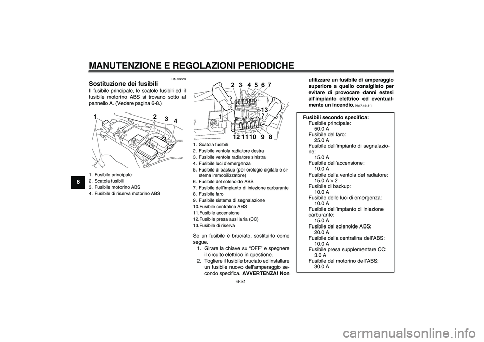 YAMAHA FJR1300A 2010  Manuale duso (in Italian) MANUTENZIONE E REGOLAZIONI PERIODICHE
6-31
6
HAU23659
Sostituzione dei fusibili Il fusibile principale, le scatole fusibili ed il
fusibile motorino ABS si trovano sotto al
pannello A. (Vedere pagina 6
