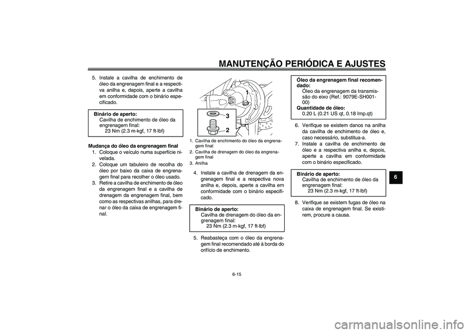 YAMAHA FJR1300A 2010  Manual de utilização (in Portuguese) MANUTENÇÃO PERIÓDICA E AJUSTES
6-15
6
5. Instale a cavilha de enchimento de
óleo da engrenagem final e a respecti-
va anilha e, depois, aperte a cavilha
em conformidade com o binário espe-
cifica
