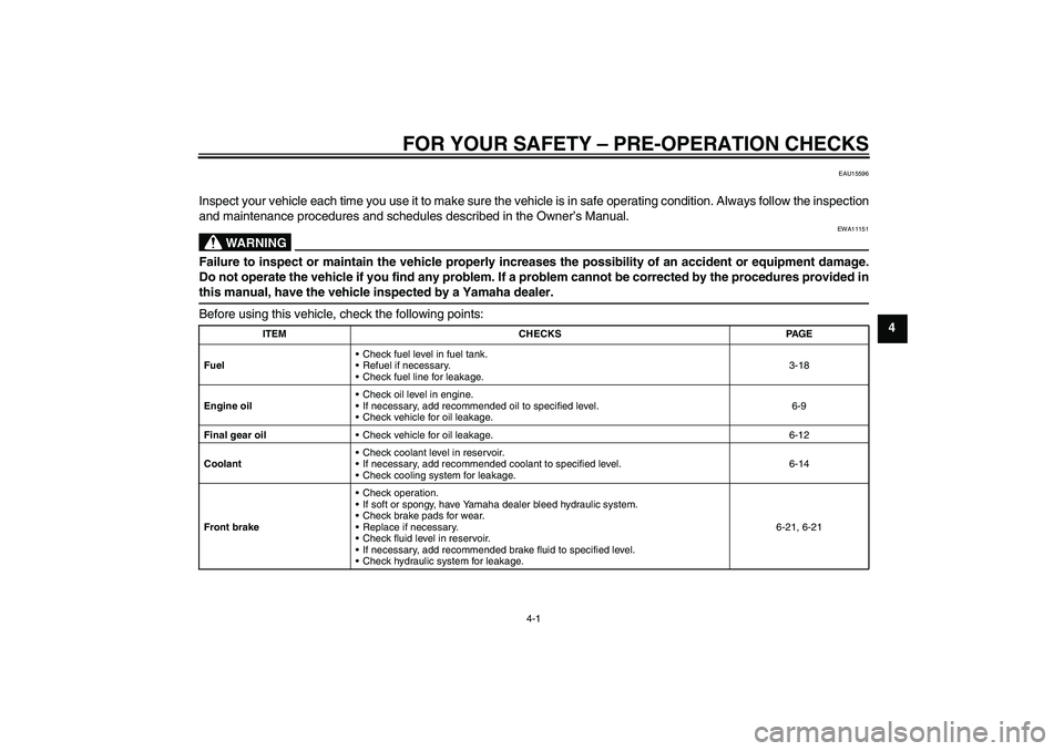 YAMAHA FJR1300A 2009  Owners Manual FOR YOUR SAFETY – PRE-OPERATION CHECKS
4-1
4
EAU15596
Inspect your vehicle each time you use it to make sure the vehicle is in safe operating condition. Always follow the inspection
and maintenance 