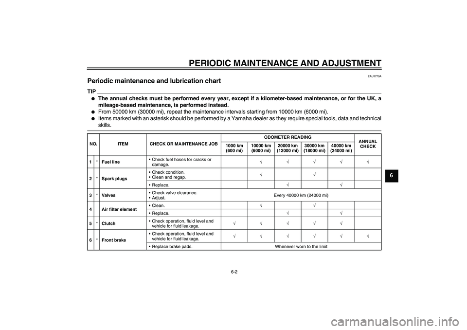YAMAHA FJR1300A 2009 Workshop Manual PERIODIC MAINTENANCE AND ADJUSTMENT
6-2
6
EAU1770A
Periodic maintenance and lubrication chart TIP
The annual checks must be performed every year, except if a kilometer-based maintenance, or for the U