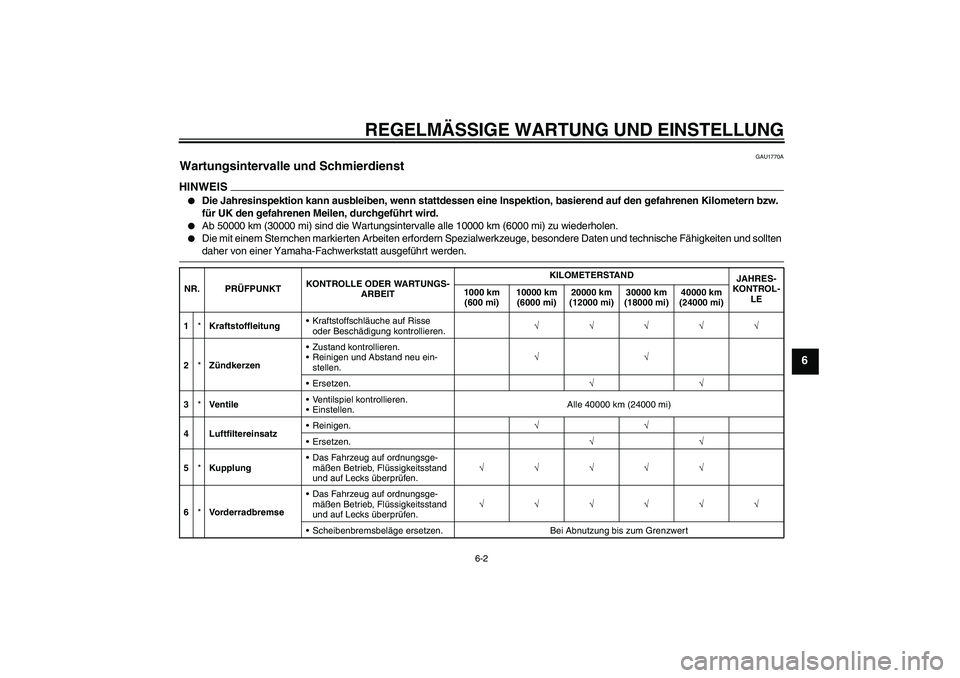 YAMAHA FJR1300A 2009  Betriebsanleitungen (in German) REGELMÄSSIGE WARTUNG UND EINSTELLUNG
6-2
6
GAU1770A
Wartungsintervalle und Schmierdienst HINWEIS
Die Jahresinspektion kann ausbleiben, wenn stattdessen eine Inspektion, basierend auf den gefahrenen 