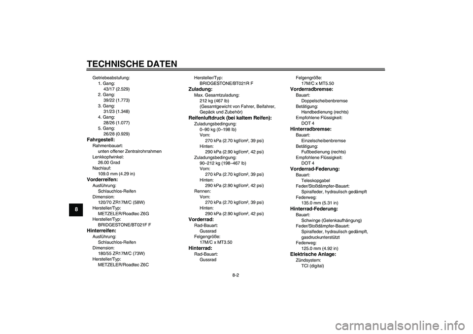 YAMAHA FJR1300A 2009  Betriebsanleitungen (in German) TECHNISCHE DATEN
8-2
8
Getriebeabstufung:
1. Gang:
43/17 (2.529)
2. Gang:
39/22 (1.773)
3. Gang:
31/23 (1.348)
4. Gang:
28/26 (1.077)
5. Gang:
26/28 (0.929)Fahrgestell:Rahmenbauart:
unten offener Zent