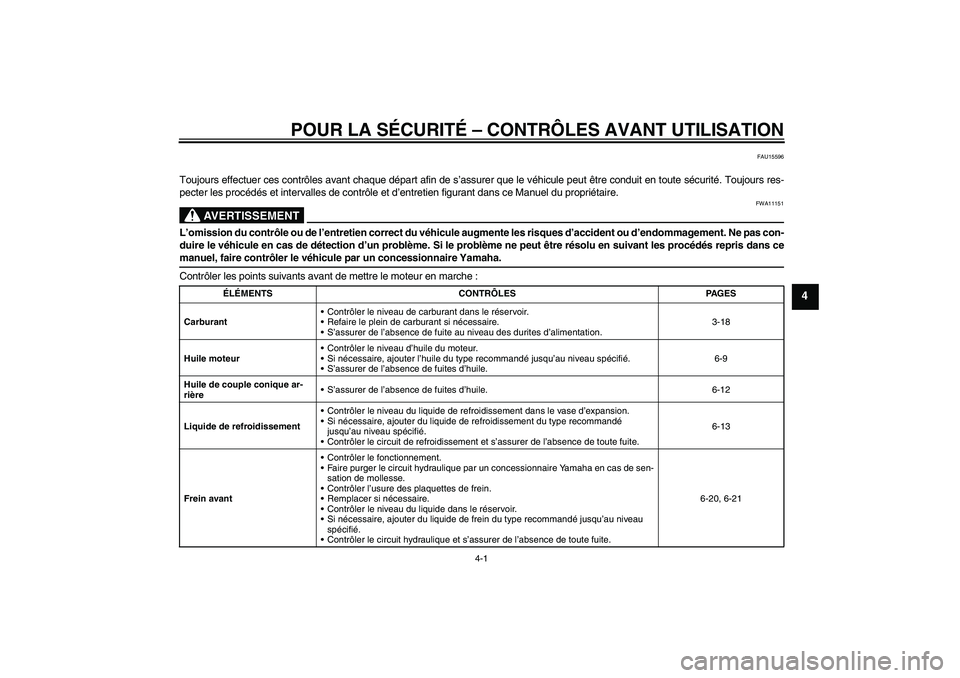 YAMAHA FJR1300A 2009 Notices Demploi (in French) POUR LA SÉCURITÉ – CONTRÔLES AVANT UTILISATION
4-1
4
FAU15596
Toujours effectuer ces contrôles avant chaque départ afin de s’assurer que le véhicule peut être conduit en toute sécurité. T YAMAHA FJR1300A 2009 Notices Demploi (in French) POUR LA SÉCURITÉ – CONTRÔLES AVANT UTILISATION
4-1
4
FAU15596
Toujours effectuer ces contrôles avant chaque départ afin de s’assurer que le véhicule peut être conduit en toute sécurité. T