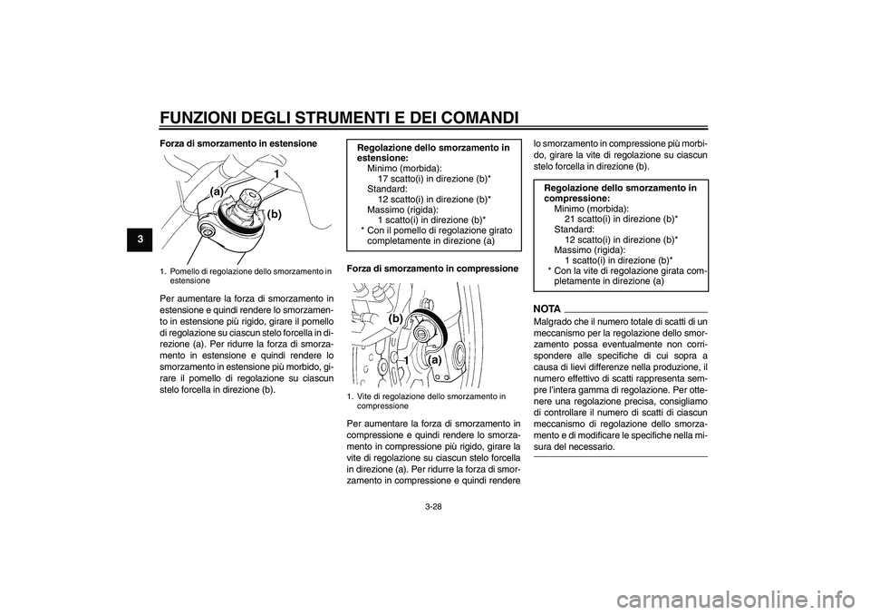 YAMAHA FJR1300A 2009  Manuale duso (in Italian) FUNZIONI DEGLI STRUMENTI E DEI COMANDI
3-28
3
Forza di smorzamento in estensione
Per aumentare la forza di smorzamento in
estensione e quindi rendere lo smorzamen-
to in estensione più rigido, girare