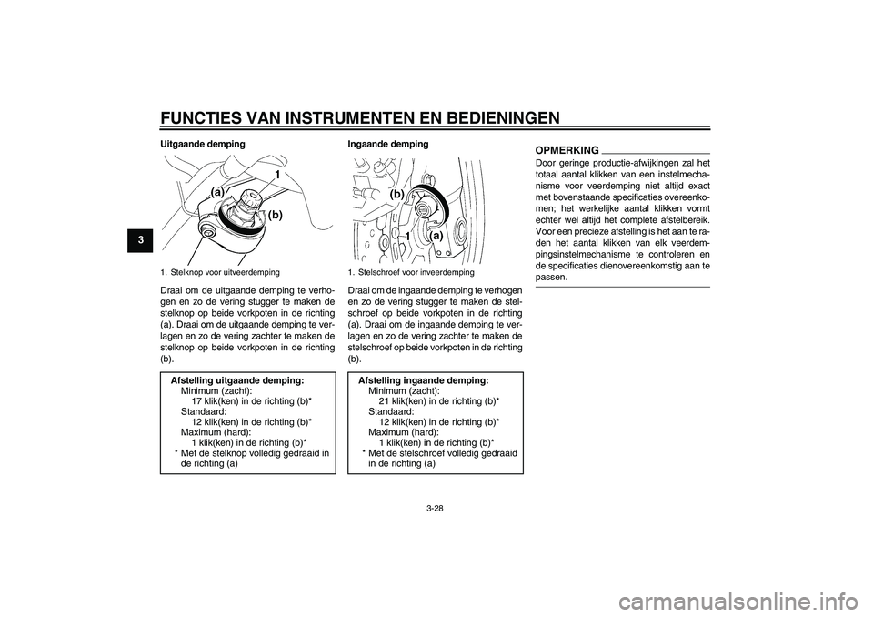 YAMAHA FJR1300A 2009  Instructieboekje (in Dutch) FUNCTIES VAN INSTRUMENTEN EN BEDIENINGEN
3-28
3
Uitgaande demping
Draai om de uitgaande demping te verho-
gen en zo de vering stugger te maken de
stelknop op beide vorkpoten in de richting
(a). Draai 