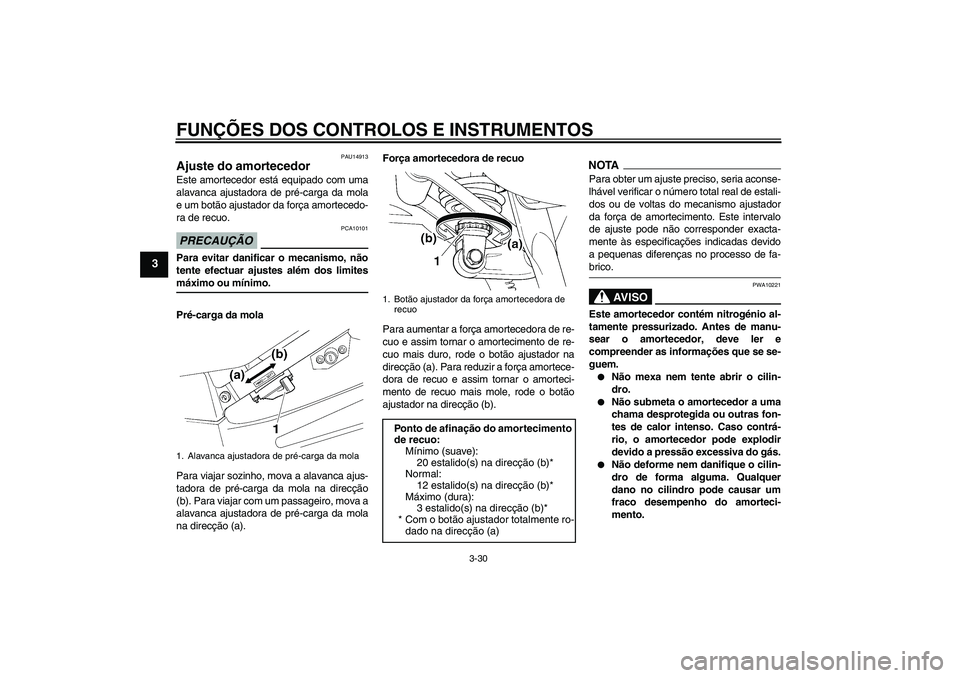 YAMAHA FJR1300A 2009  Manual de utilização (in Portuguese) FUNÇÕES DOS CONTROLOS E INSTRUMENTOS
3-30
3
PAU14913
Ajuste do amortecedor Este amortecedor está equipado com uma
alavanca ajustadora de pré-carga da mola
e um botão ajustador da força amorteced