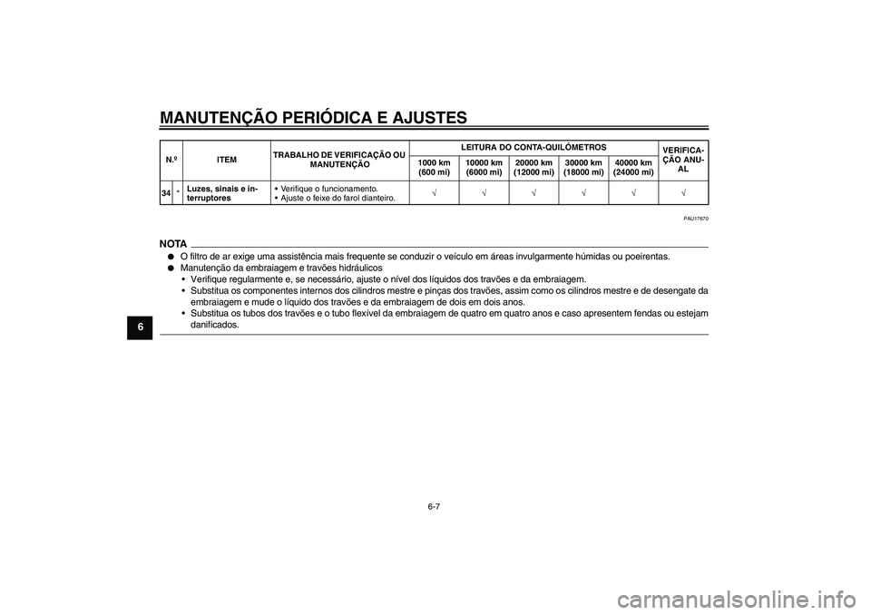 YAMAHA FJR1300A 2009  Manual de utilização (in Portuguese) MANUTENÇÃO PERIÓDICA E AJUSTES
6-7
6
PAU17670
NOTA
O filtro de ar exige uma assistência mais frequente se conduzir o veículo em áreas invulgarmente húmidas ou poeirentas.

Manutenção da emb