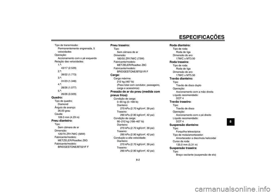 YAMAHA FJR1300A 2009  Manual de utilização (in Portuguese) ESPECIFICAÇÕES
8-2
8
Tipo de transmissão:
Permanentemente engrenada, 5 
velocidades
Operação:
Accionamento com o pé esquerdo
Relação das velocidades:
1.ª:
43/17 (2.529)
2.ª:
39/22 (1.773)
3.