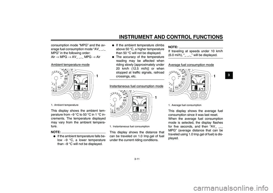 YAMAHA FJR1300A 2008 Owners Manual INSTRUMENT AND CONTROL FUNCTIONS
3-11
3 consumption mode “MPG” and the av-
erage fuel consumption mode “AV_ _._
MPG” in the following order:
Air → MPG → AV_ _._ MPG → Air
Ambient tempera
