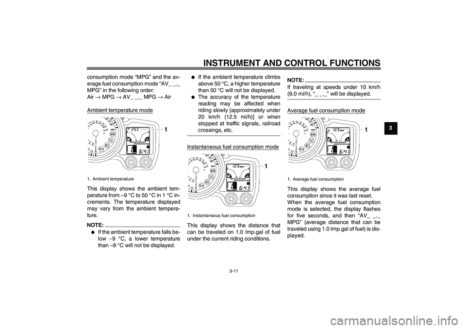 YAMAHA FJR1300A 2008  Owners Manual INSTRUMENT AND CONTROL FUNCTIONS
3-11
3 consumption mode “MPG” and the av-
erage fuel consumption mode “AV_ _._
MPG” in the following order:
Air → MPG → AV_ _._ MPG → Air
Ambient tempera