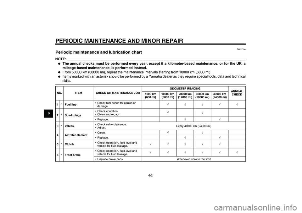 YAMAHA FJR1300A 2008  Owners Manual PERIODIC MAINTENANCE AND MINOR REPAIR
6-2
6
EAU1770A
Periodic maintenance and lubrication chart NOTE:
The annual checks must be performed every year, except if a kilometer-based maintenance, or for t