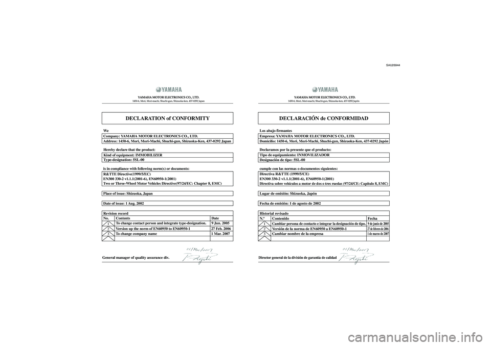 YAMAHA FJR1300A 2008  Manuale de Empleo (in Spanish) SAU26944
DECLARATION of CONFORMITY
YAMAHA MOTOR ELECTRONICS CO., LTD.1450-6, Mori, Mori-machi, Shuchi-gun, Shizuoka-ken, 437-0292 Japan
General manager of quality assurance div.
DECLARACIÓN de CONFOR