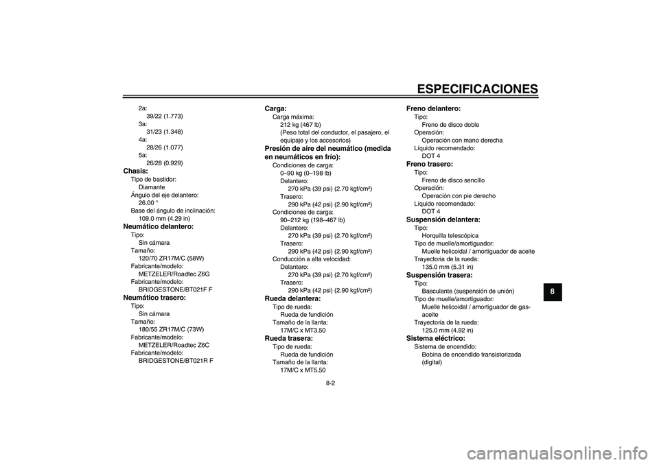 YAMAHA FJR1300A 2008  Manuale de Empleo (in Spanish) ESPECIFICACIONES
8-2
8
2a:
39/22 (1.773)
3a:
31/23 (1.348)
4a:
28/26 (1.077)
5a:
26/28 (0.929)
Chasis:Tipo de bastidor:
Diamante
Ángulo del eje delantero:
26.00 °
Base del ángulo de inclinación:
1