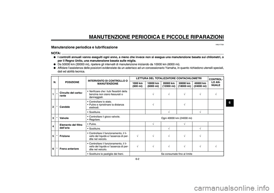 YAMAHA FJR1300A 2008  Manuale duso (in Italian) MANUTENZIONE PERIODICA E PICCOLE RIPARAZIONI
6-2
6
HAU1770A
Manutenzione periodica e lubrificazione NOTA:
I controlli annuali vanno eseguiti ogni anno, a meno che invece non si esegua una manutenzion