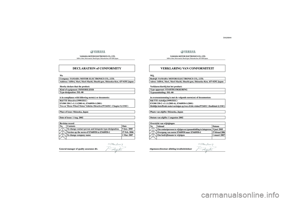 YAMAHA FJR1300A 2008  Instructieboekje (in Dutch) DAU26944
DECLARATION of CONFORMITY
YAMAHA MOTOR ELECTRONICS CO., LTD.1450-6, Mori, Mori-machi, Shuchi-gun, Shizuoka-ken, 437-0292 Japan
General manager of quality assurance div.
VERKLARING VAN CONFORM