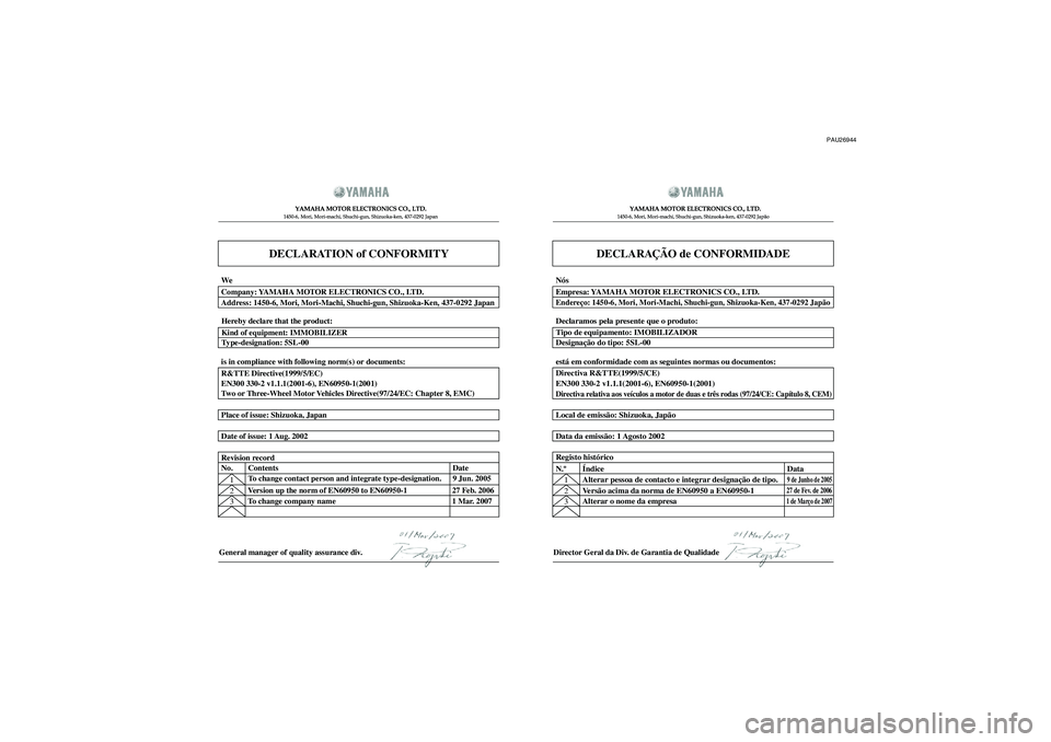 YAMAHA FJR1300A 2008  Manual de utilização (in Portuguese) PAU26944
DECLARATION of CONFORMITY
YAMAHA MOTOR ELECTRONICS CO., LTD.1450-6, Mori, Mori-machi, Shuchi-gun, Shizuoka-ken, 437-0292 Japan
General manager of quality assurance div.
DECLARAÇÃO de CONFOR