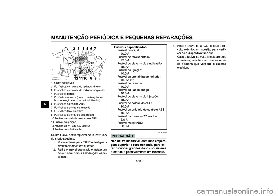 YAMAHA FJR1300A 2008  Manual de utilização (in Portuguese) MANUTENÇÃO PERIÓDICA E PEQUENAS REPARAÇÕES
6-29
6
Se um fusível estiver queimado, substitua-o
do modo seguinte:
1. Rode a chave para “OFF” e desligue o
circuito eléctrico em questão.
2. Re