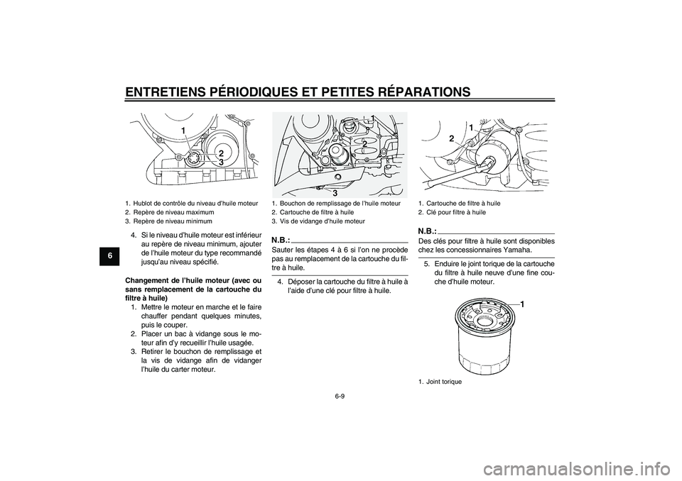 YAMAHA FJR1300A 2007 Notices Demploi (in French) ENTRETIENS PÉRIODIQUES ET PETITES RÉPARATIONS
6-9
6
4. Si le niveau d’huile moteur est inférieur
au repère de niveau minimum, ajouter
de l’huile moteur du type recommandé
jusqu’au niveau sp YAMAHA FJR1300A 2007 Notices Demploi (in French) ENTRETIENS PÉRIODIQUES ET PETITES RÉPARATIONS
6-9
6
4. Si le niveau d’huile moteur est inférieur
au repère de niveau minimum, ajouter
de l’huile moteur du type recommandé
jusqu’au niveau sp