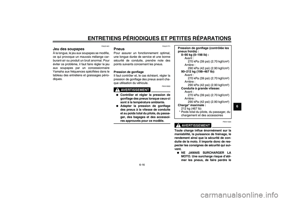YAMAHA FJR1300A 2007 Notices Demploi (in French) ENTRETIENS PÉRIODIQUES ET PETITES RÉPARATIONS
6-16
6
FAU21401
Jeu des soupapes À la longue, le jeu aux soupapes se modifie,
ce qui provoque un mauvais mélange car-
burant-air ou produit un bruit a YAMAHA FJR1300A 2007 Notices Demploi (in French) ENTRETIENS PÉRIODIQUES ET PETITES RÉPARATIONS
6-16
6
FAU21401
Jeu des soupapes À la longue, le jeu aux soupapes se modifie,
ce qui provoque un mauvais mélange car-
burant-air ou produit un bruit a